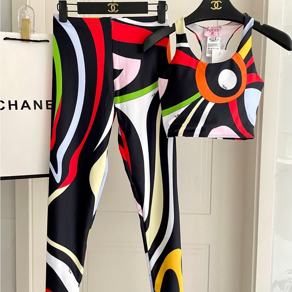 Emilio Pucci Black Multicolor Abstract Crop Bikini Top & Leggings Set